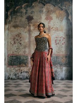Saanjh by Lea - Multi-Colour Rhea Ajrakh Hand Embroidered Corset Top With Sharara And Dupatta