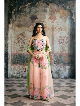 Saanjh by Lea - Naira Peach Floral Organza Mirror Blouse With Sharara And Dupatta