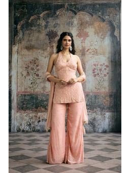 Saanjh by Lea - Aneesa Peach Mirror-Embroidered Top With Palazzo And Dupatta