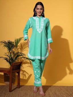 The Chikan Label - Women Blue Hand-Embroidered Chikankari Co-Ord Set
