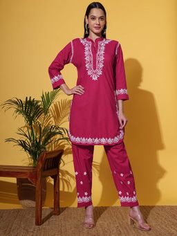 The Chikan Label - Women Rani Pink Hand-Embroidered Chikankari Co-Ord Set