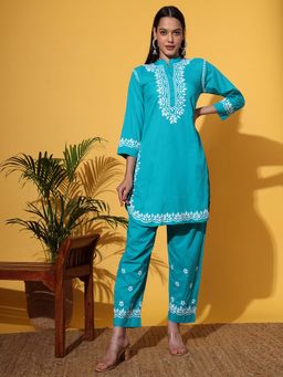 The Chikan Label - Women Blue Hand-Embroidered Chikankari Co-Ord Set