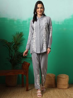 The Chikan Label - Women Grey Hand-Embroidered Chikankari Co-Ord Set