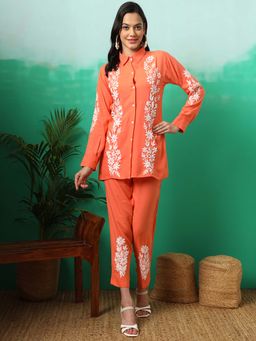The Chikan Label - Women Orange Hand-Embroidered Chikankari Co-Ord Set