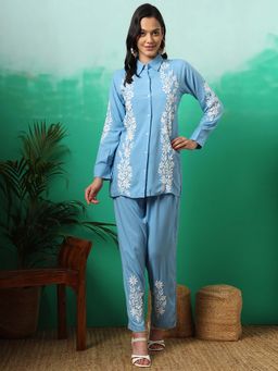 The Chikan Label - Women Powder Blue Hand-Embroidered Chikankari Co-Ord Set