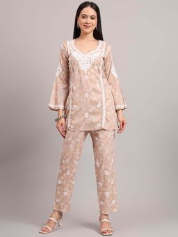 The Chikan Label - Women Beige Hand-Embroidered Chikankari Co-Ord Set