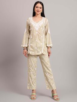 The Chikan Label - Women Green Hand-Embroidered Chikankari Co-Ord Set