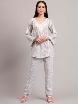 The Chikan Label - Women Grey Hand-Embroidered Chikankari Co-Ord Set