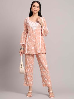 The Chikan Label - Women Peach Hand-Embroidered Chikankari Co-Ord Set