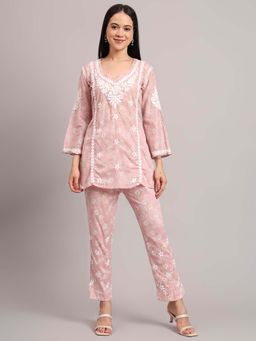 The Chikan Label - Women Pink Hand-Embroidered Chikankari Co-Ord Set
