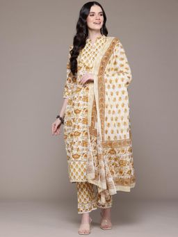 Readiprint - Floral Print Mustard Kurta with Pant and Dupatta (Set of 3)