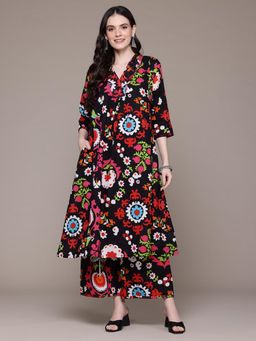 Readiprint - Floral Print Black Anarkali Kurta with Palazzo (Set of 2)