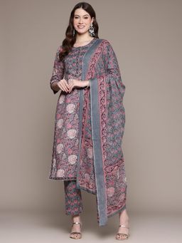 Readiprint - Floral Print Grey Kurta with Pant and Dupatta (Set of 3)