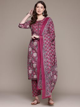 Readiprint - Floral Print Magenta Kurta with Pant and Dupatta (Set of 3)