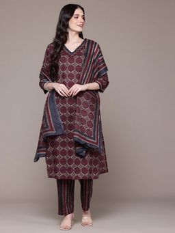 Readiprint - Floral Printed Maroon Kurta with Pant and Dupatta (Set of 3)