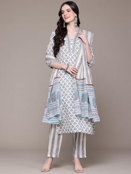 Readiprint - Floral Printed Blue Kurta and Pant with Dupatta (Set of 3)