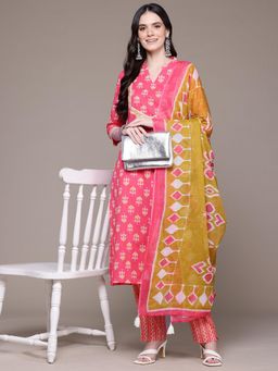 Readiprint - Ikat Print Pink Kurta and Pant with Dupatta (Set of 3)