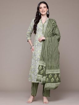 Readiprint - Floral Printed Olive Kurta with Pant and Dupatta (Set of 3)