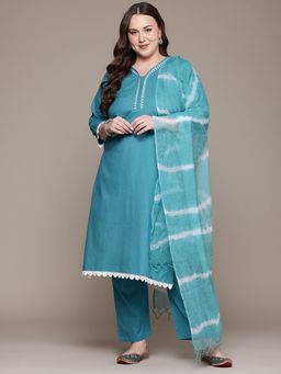 Readiprint - Straight Style Cotton Fabric Teal Kurta with Pant and Dupatta (Set of 3)