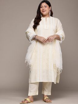 Readiprint - Embroidered Cream Kurta with Pant and Dupatta (Set of 3)