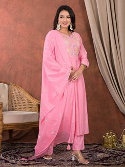 Readiprint - Floral Embroidered Pink A-Line Kurta with Pant and Dupatta (Set of 3)