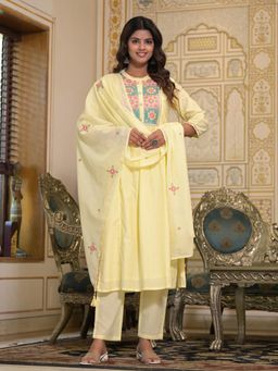Readiprint - Floral Embroidered Yellow A-Line Kurta with Pant and Dupatta (Set of 3)