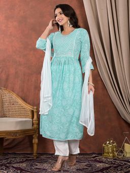 Readiprint - Embroidered Turquoise A-Line Kurta with Pant and Dupatta (Set of 3)