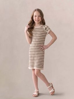 ELLE - Beige Cotton Striped Girls Dress
