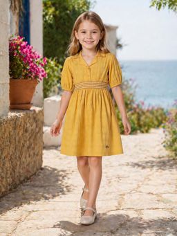 ELLE - Yellow Cotton Textured Girls Dress