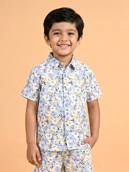 KiddoPanti - Blue Boys Cotton Woven Half Sleeves Printed Shirt