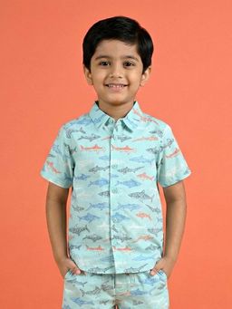 KiddoPanti - Blue Boys Cotton Woven Half Sleeves Printed Shirt