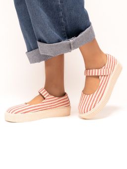 Theater - Women Maru Red Stripes Moths Mary Janes Ballerina