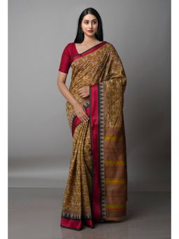 Unnati Silks - Beige Block Printed Sico Saree with Unstitched Blouse