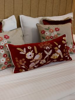 BELIHODE - Painted Perch Hand Embroidered Cushion Cover Scarlet Red (12x24 inches)