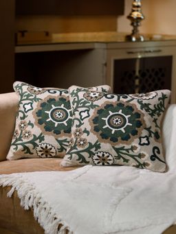 BELIHODE - Canvas Cipher Hand Embroidered Cushion Cover (Pack of 2) (16x16 inches)