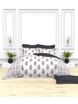 the White Moss - 5Pc Cream And Slate Plum Self Striped 250Tc Cotton King Bedsheet With 4 Pillows