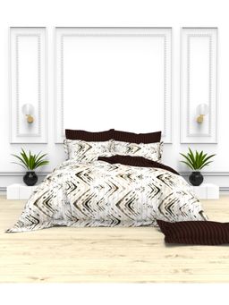 the White Moss - 5Pc Cream And Brown Self Striped 250Tc Cotton King Bedsheet With 4 Pillows