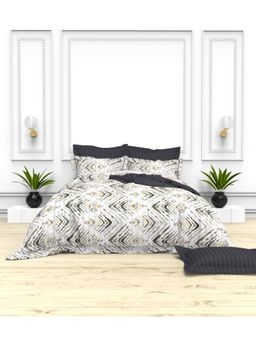 the White Moss - 5Pc Cream And Grey Self Striped 250Tc Cotton King Bedsheet With 4 Pillows