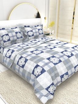 the White Moss - White & Blue 210 Tc Queen Bedsheet With 2 Pillow Covers