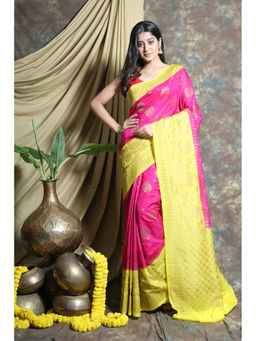 CHARUKRITI - Pink Dupion Silk Saree with Floral Zari Weaving and Unstitched Blouse