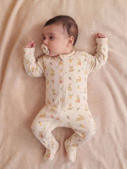 Oh My Bebe - Cream Bunny Print Organic Cotton Baby Footed Romper