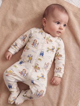 Oh My Bebe - Off White Fisherman Print Organic Cotton Baby Zip Romper