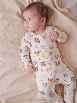 Oh My Bebe - Cream Farm Friends Print Organic Cotton Baby Footed Romper