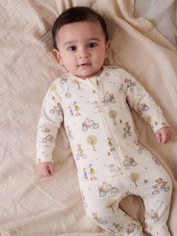 Oh My Bebe - Cream Down River Print Organic Cotton Footed Baby Romper