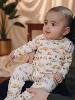 Oh My Bebe - Cream Camping Adventure Print Organic Cotton Baby Romper