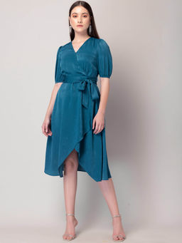 FabAlley - Teal Blue Satin Wrap Dress with Belt (Set of 2)