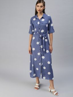 SHOWOFF - Women Polka Dots Blue Fit and Flare Dress