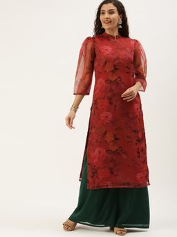 Ethnovog - Ready To Wear Red Organza N Green Kurta Palazzo Set (Set of 2)