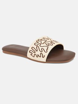 ALL TABS OPEN - Brown Open Toe Thread Embroidered Womens Flats