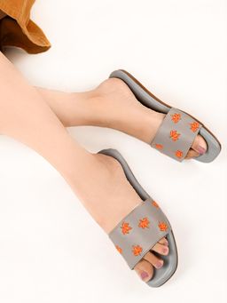ALL TABS OPEN - Grey Open Toe Thread Embroidered Womens Flats
